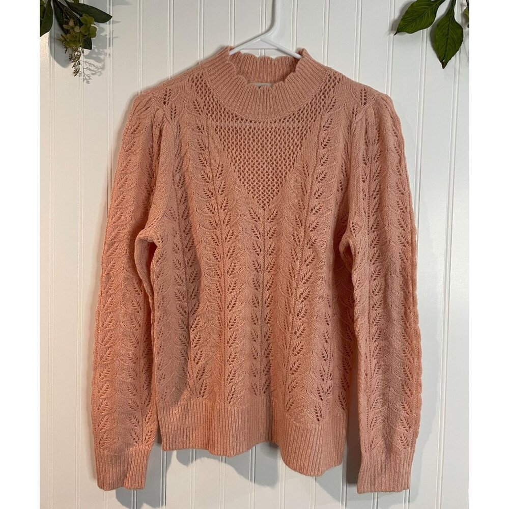 Loft Womens Scalloped Mock Neck Sweater Pink Leaf Pattern Knit Acrylic/Nylon S